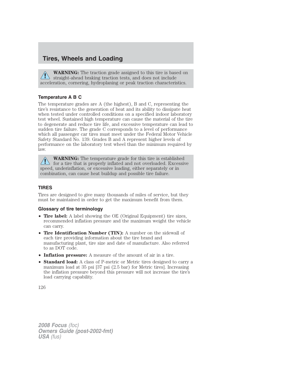 Temperature a b c, Tires, Glossary of tire terminology | Tires, wheels and loading | FORD 2008 Focus v.2 User Manual | Page 126 / 264