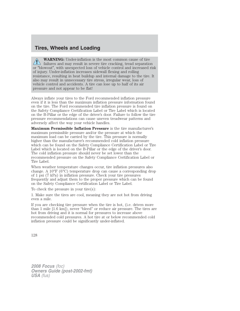 Tires, wheels and loading | FORD 2008 Focus v.2 User Manual | Page 128 / 264