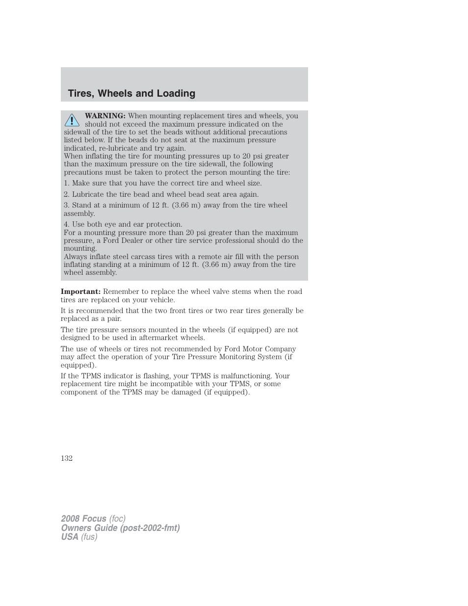 Tires, wheels and loading | FORD 2008 Focus v.2 User Manual | Page 132 / 264