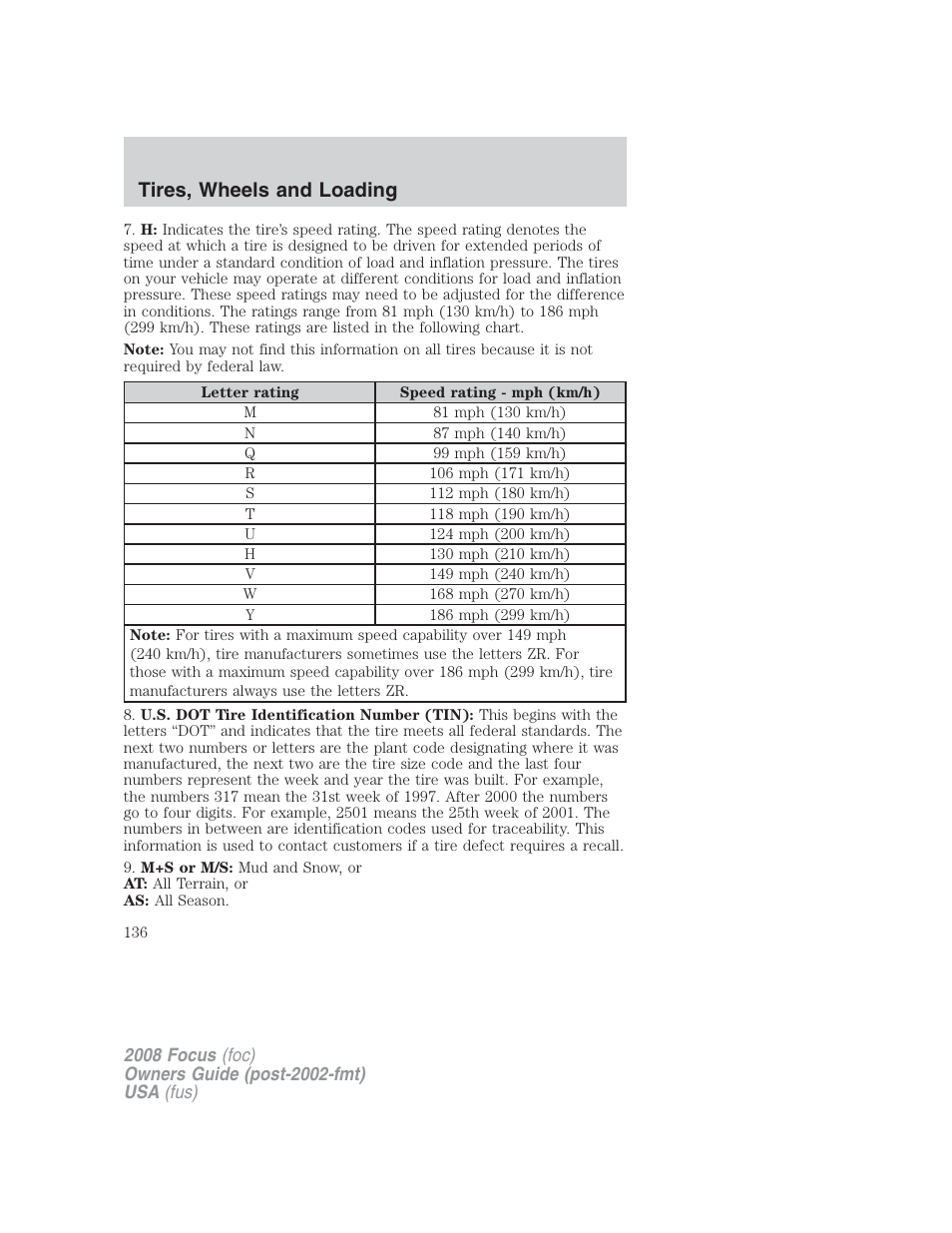 Tires, wheels and loading | FORD 2008 Focus v.2 User Manual | Page 136 / 264