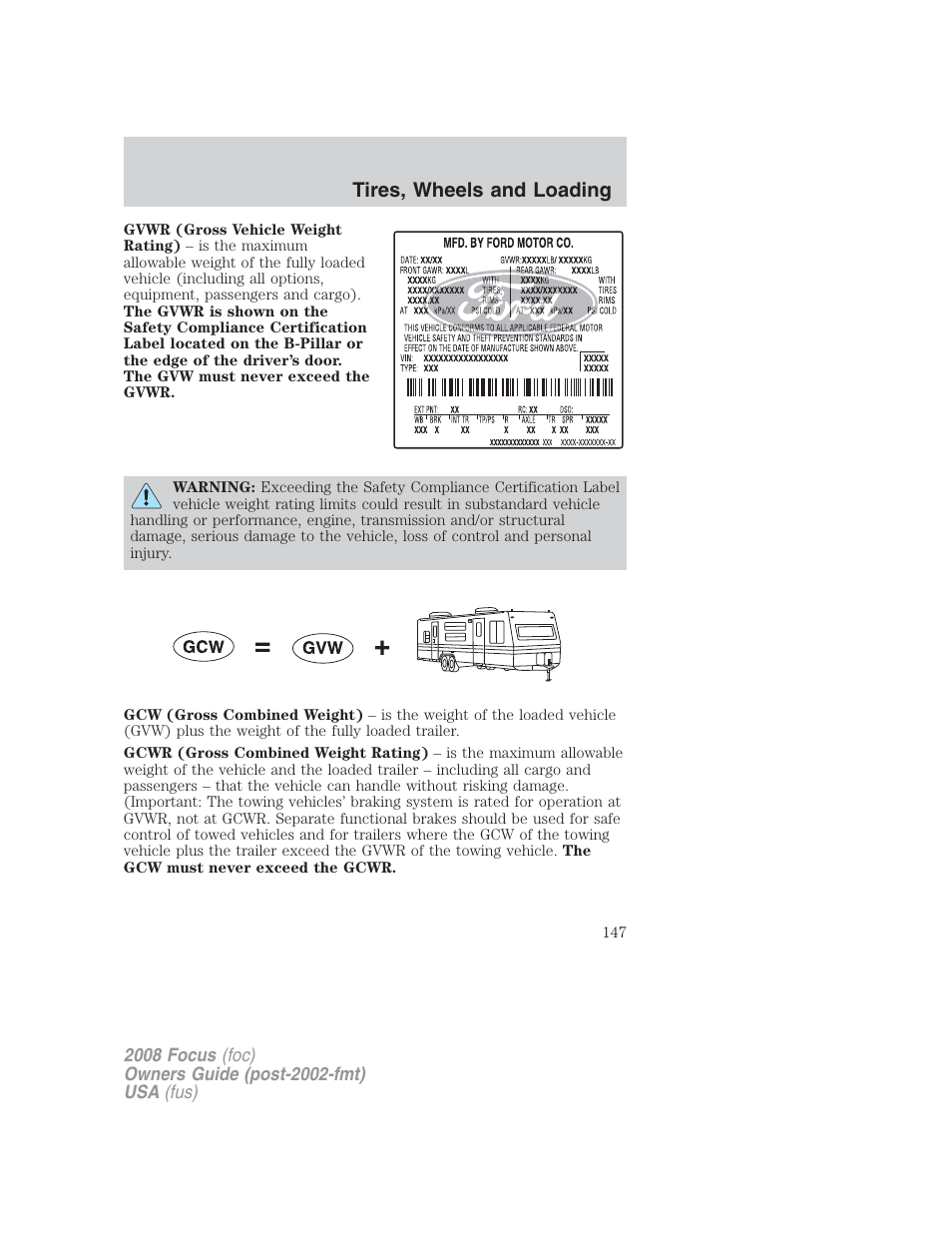 Tires, wheels and loading | FORD 2008 Focus v.2 User Manual | Page 147 / 264