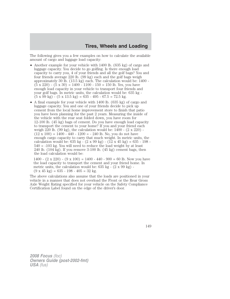 Tires, wheels and loading | FORD 2008 Focus v.2 User Manual | Page 149 / 264