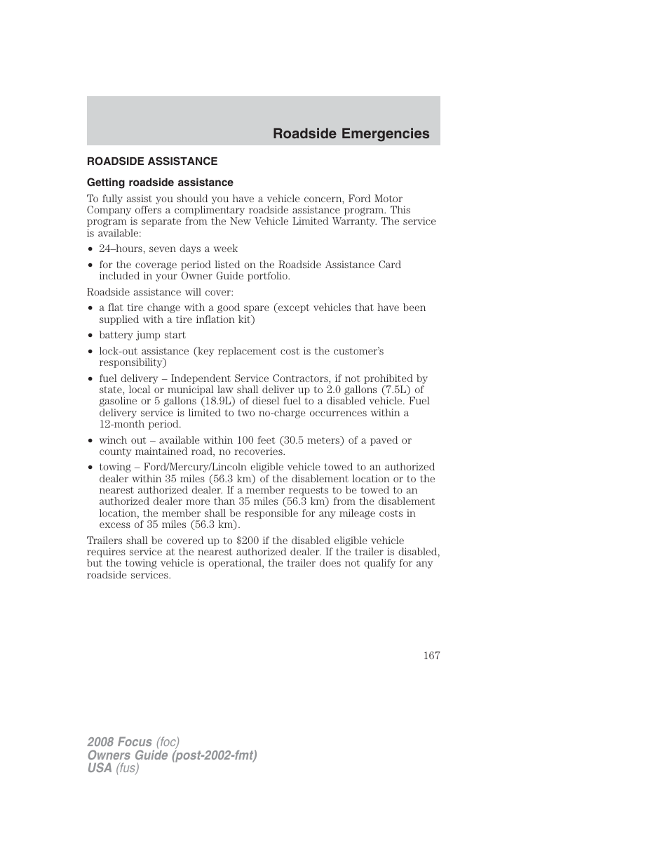 Roadside emergencies, Roadside assistance, Getting roadside assistance | FORD 2008 Focus v.2 User Manual | Page 167 / 264