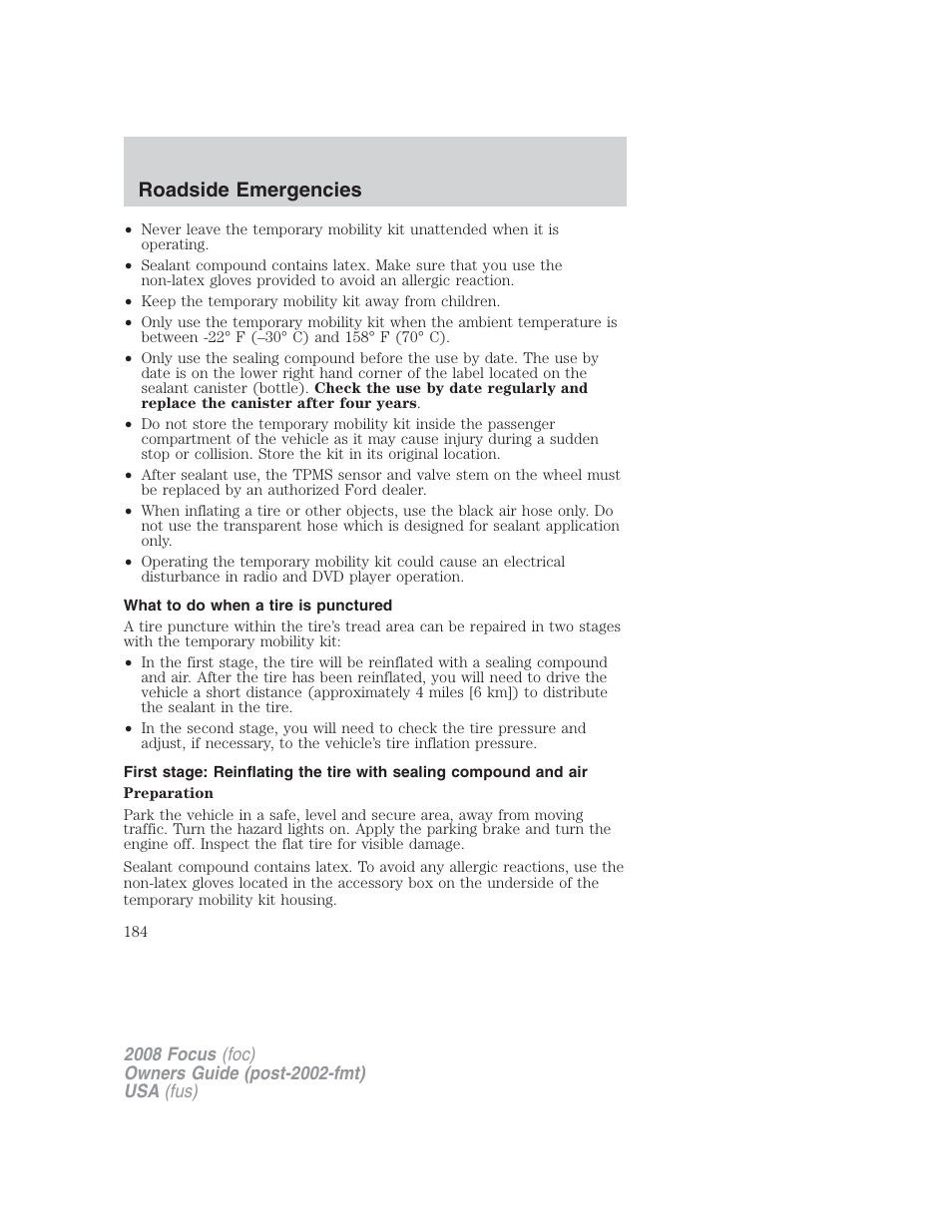 What to do when a tire is punctured, Roadside emergencies | FORD 2008 Focus v.2 User Manual | Page 184 / 264