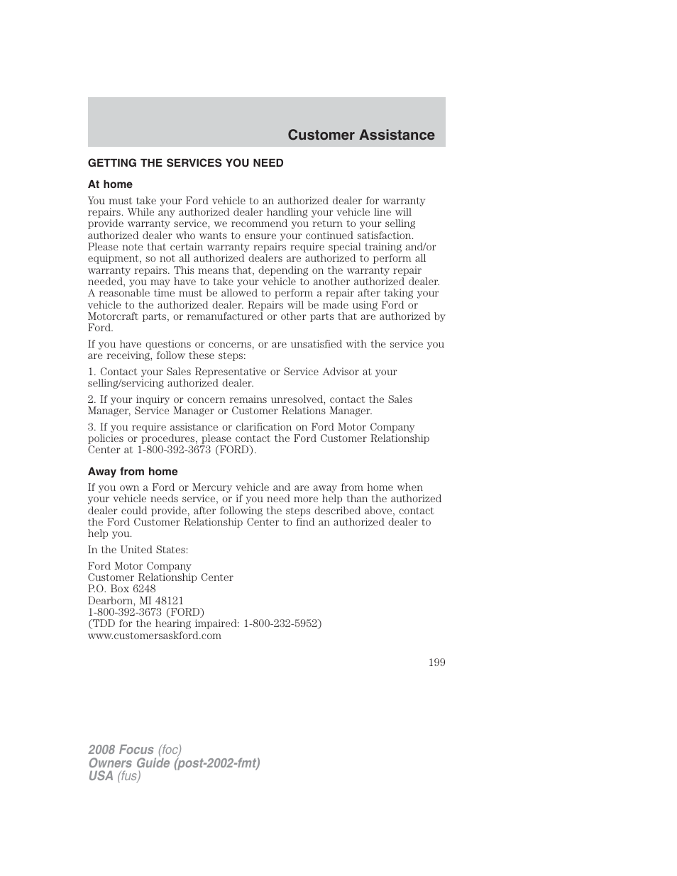 Customer assistance, Getting the services you need, At home | Away from home | FORD 2008 Focus v.2 User Manual | Page 199 / 264