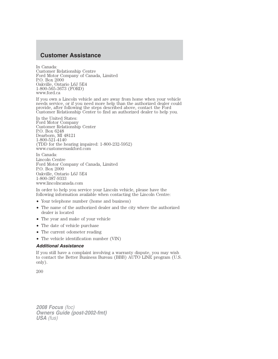 Additional assistance, Customer assistance | FORD 2008 Focus v.2 User Manual | Page 200 / 264