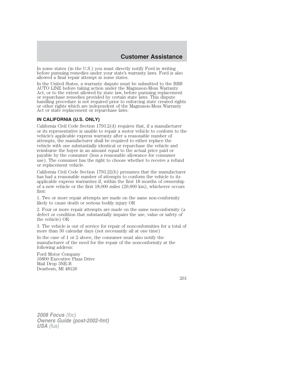 In california (u.s. only), Customer assistance | FORD 2008 Focus v.2 User Manual | Page 201 / 264