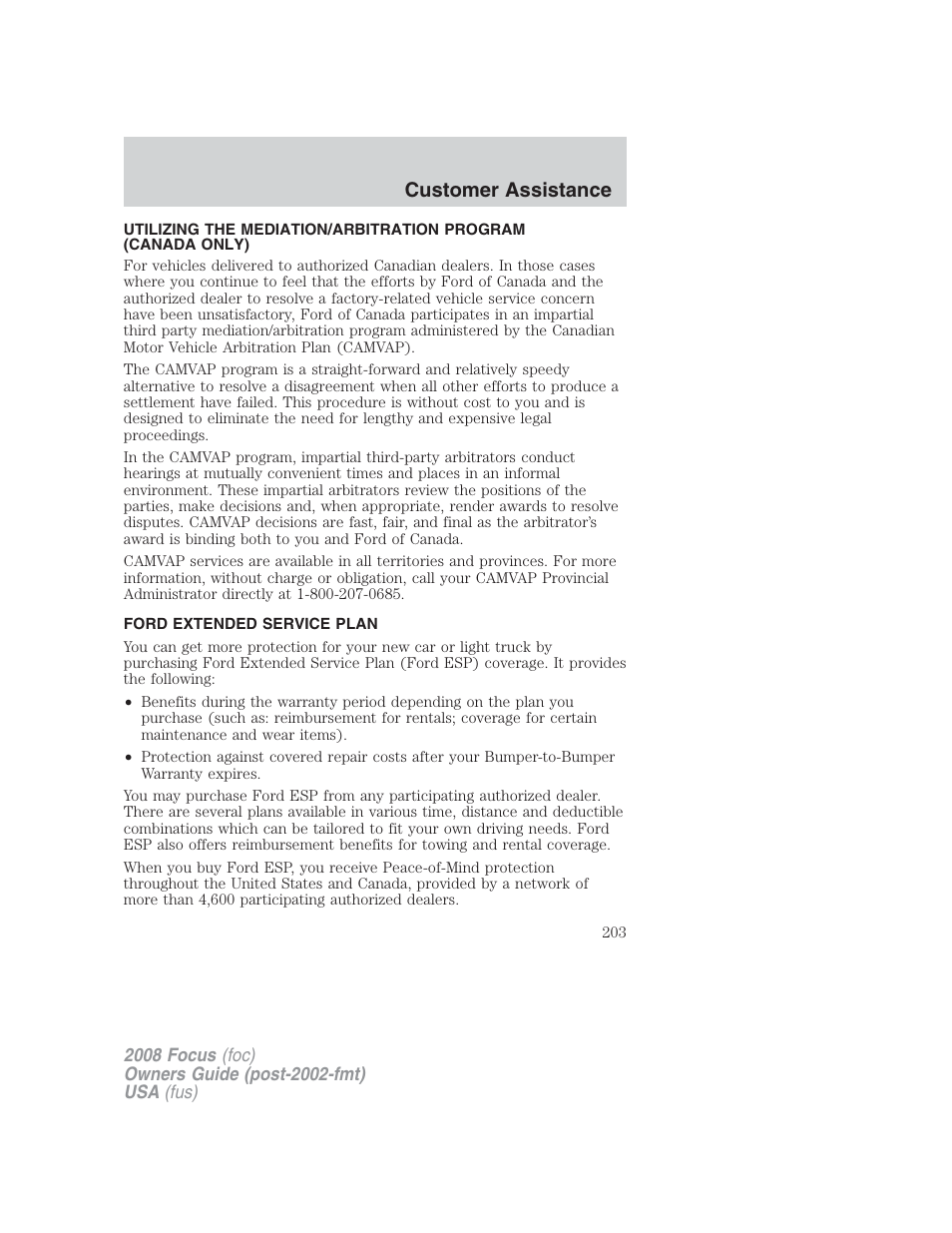 Ford extended service plan, Customer assistance | FORD 2008 Focus v.2 User Manual | Page 203 / 264