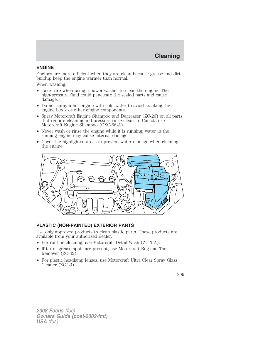 Engine, Plastic (non-painted) exterior parts, Cleaning | FORD 2008 Focus v.2 User Manual | Page 209 / 264