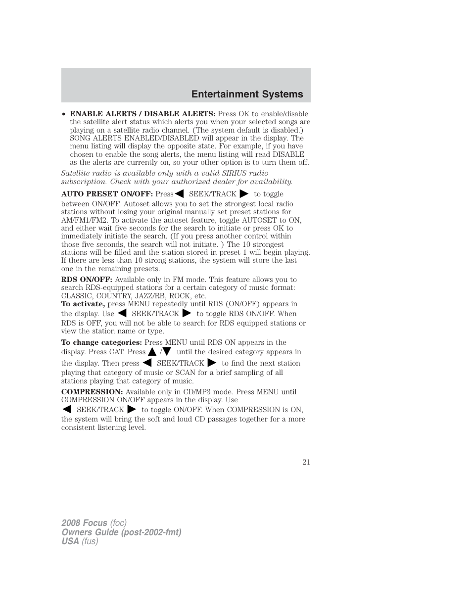 Entertainment systems | FORD 2008 Focus v.2 User Manual | Page 21 / 264