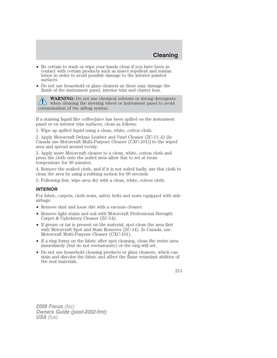 Interior, Cleaning | FORD 2008 Focus v.2 User Manual | Page 211 / 264