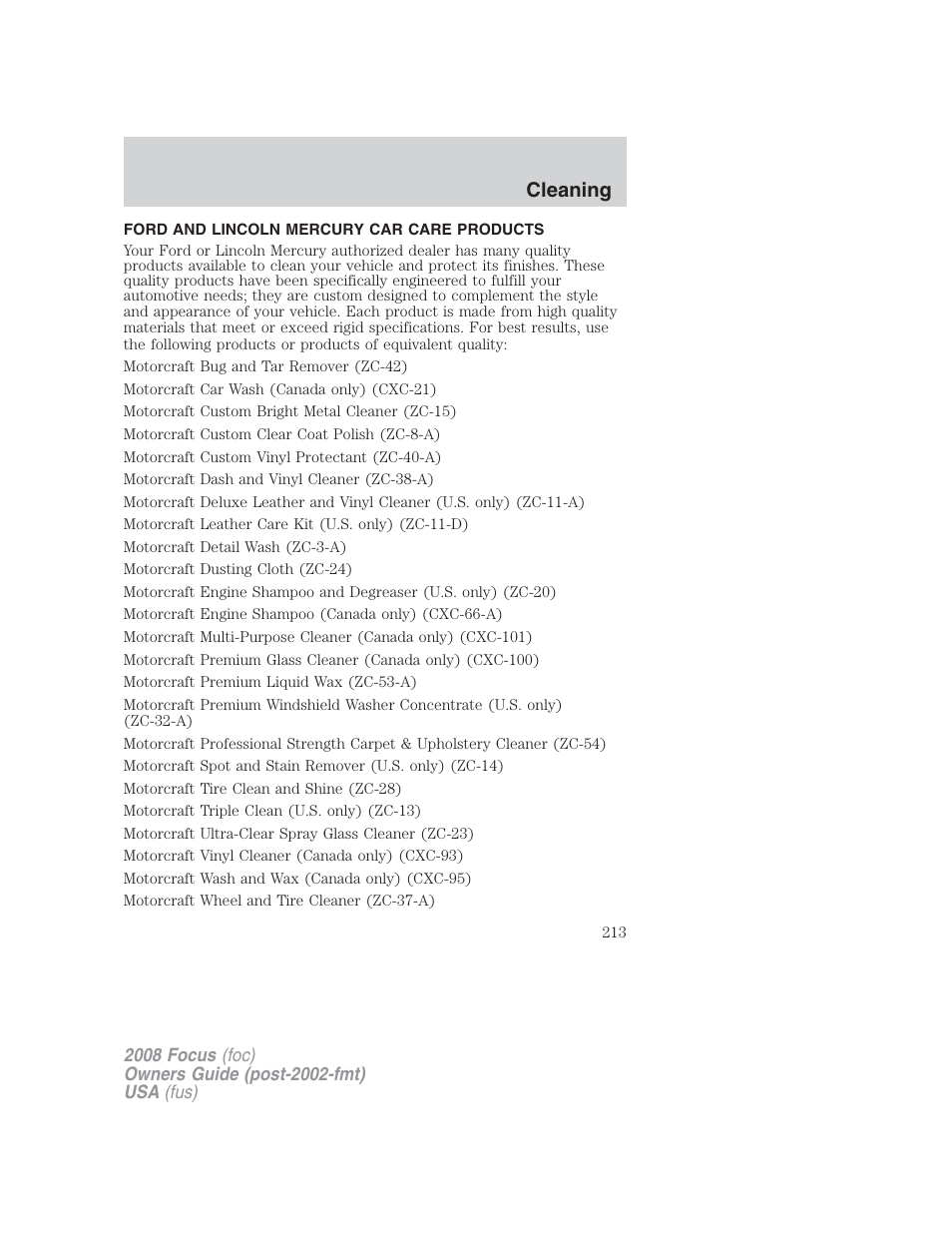 Ford and lincoln mercury car care products, Cleaning | FORD 2008 Focus v.2 User Manual | Page 213 / 264