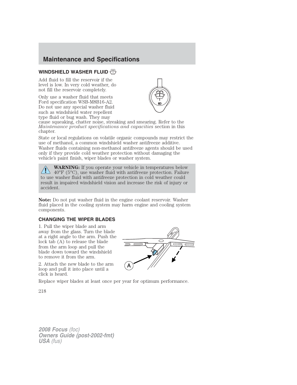 Windshield washer fluid, Changing the wiper blades, Maintenance and specifications | FORD 2008 Focus v.2 User Manual | Page 218 / 264