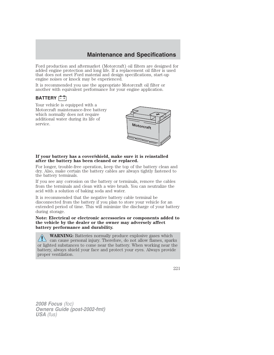 Battery, Maintenance and specifications | FORD 2008 Focus v.2 User Manual | Page 221 / 264