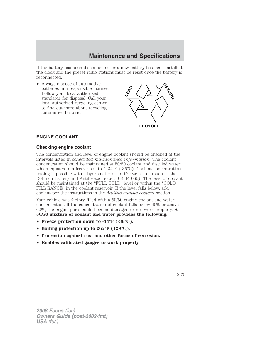 Engine coolant, Checking engine coolant, Maintenance and specifications | FORD 2008 Focus v.2 User Manual | Page 223 / 264