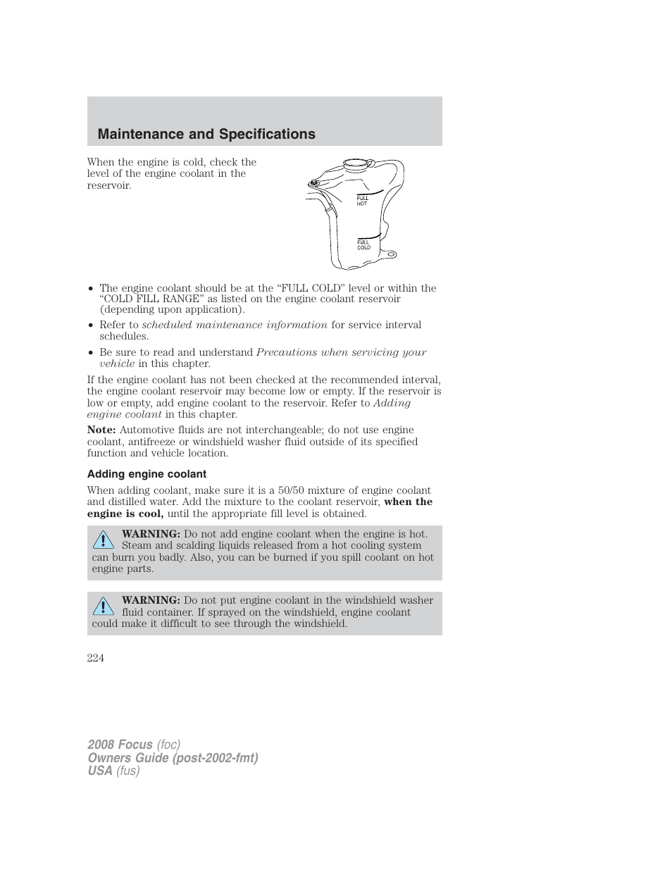 Adding engine coolant, Maintenance and specifications | FORD 2008 Focus v.2 User Manual | Page 224 / 264