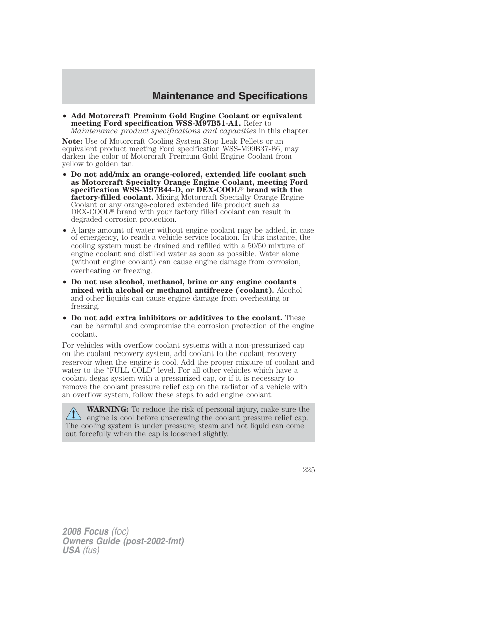 Maintenance and specifications | FORD 2008 Focus v.2 User Manual | Page 225 / 264