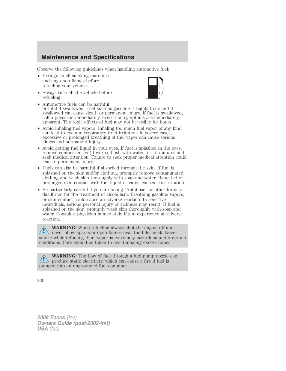 Maintenance and specifications | FORD 2008 Focus v.2 User Manual | Page 230 / 264