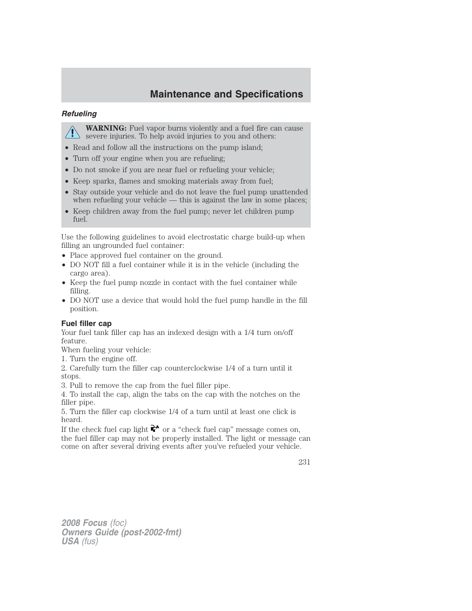 Refueling, Fuel filler cap, Maintenance and specifications | FORD 2008 Focus v.2 User Manual | Page 231 / 264