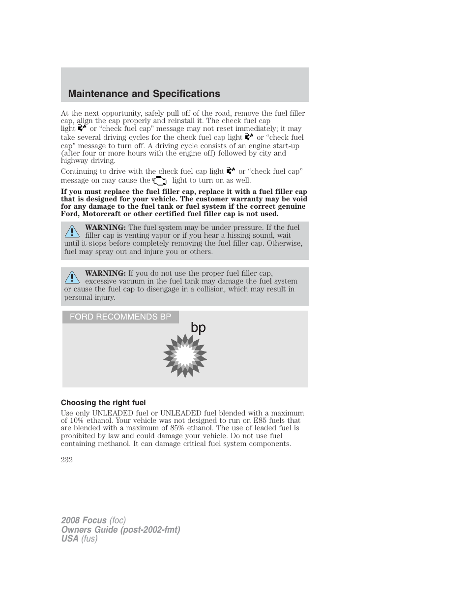 Choosing the right fuel, Maintenance and specifications | FORD 2008 Focus v.2 User Manual | Page 232 / 264