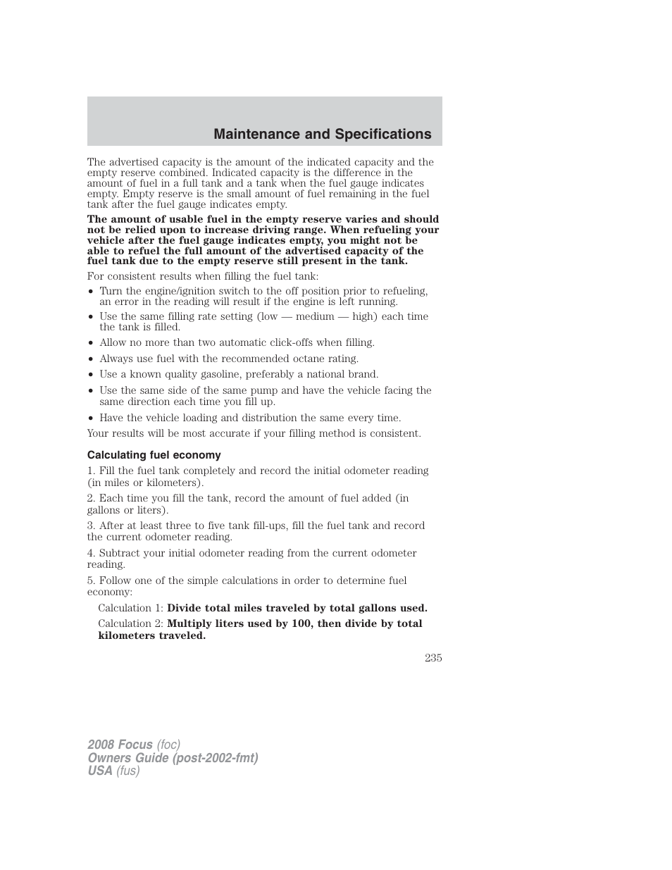 Calculating fuel economy, Maintenance and specifications | FORD 2008 Focus v.2 User Manual | Page 235 / 264