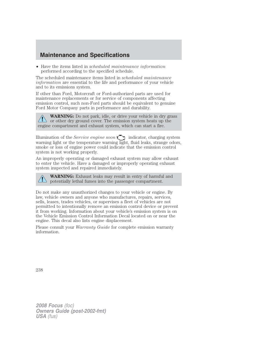 Maintenance and specifications | FORD 2008 Focus v.2 User Manual | Page 238 / 264