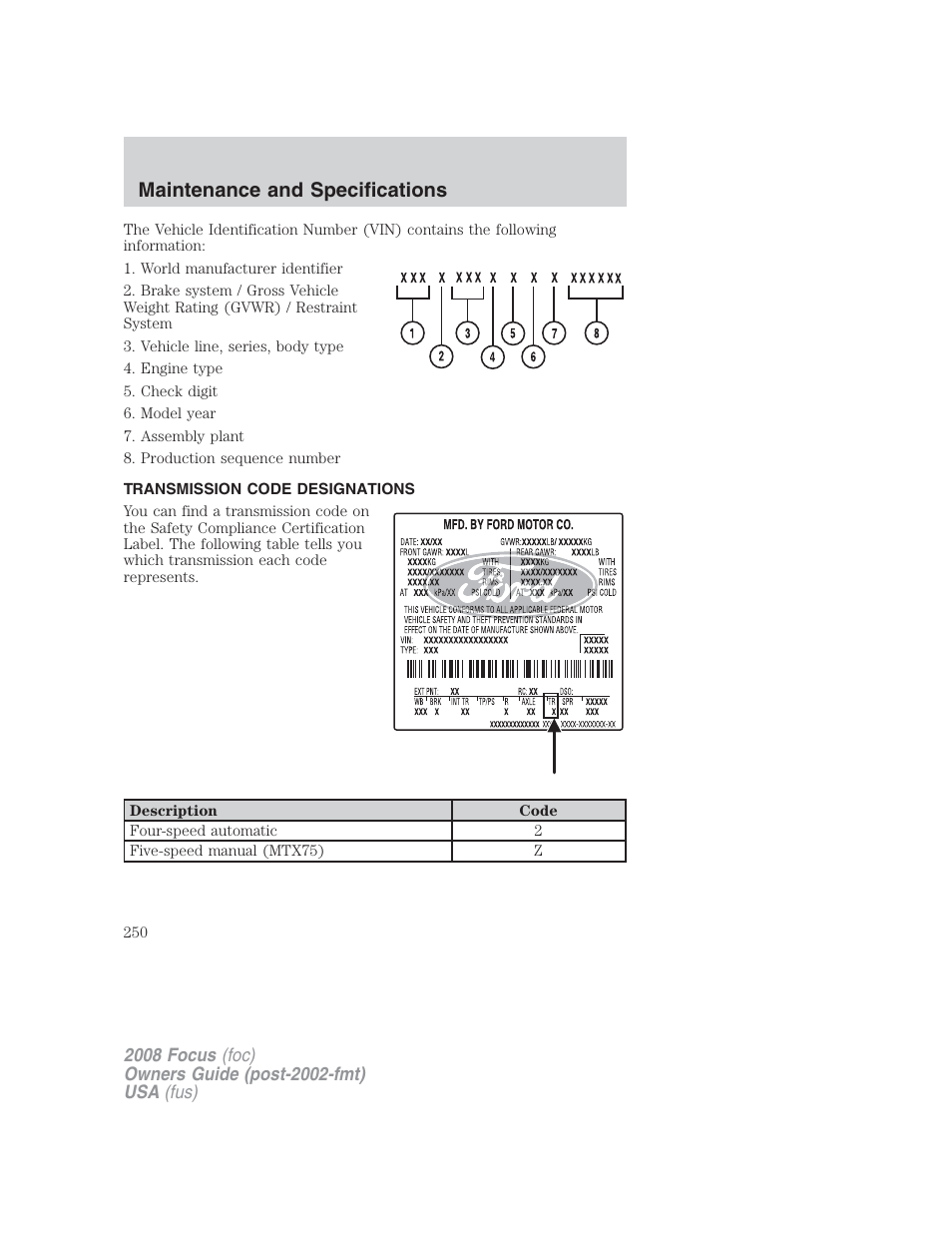 Transmission code designations, Maintenance and specifications | FORD 2008 Focus v.2 User Manual | Page 250 / 264