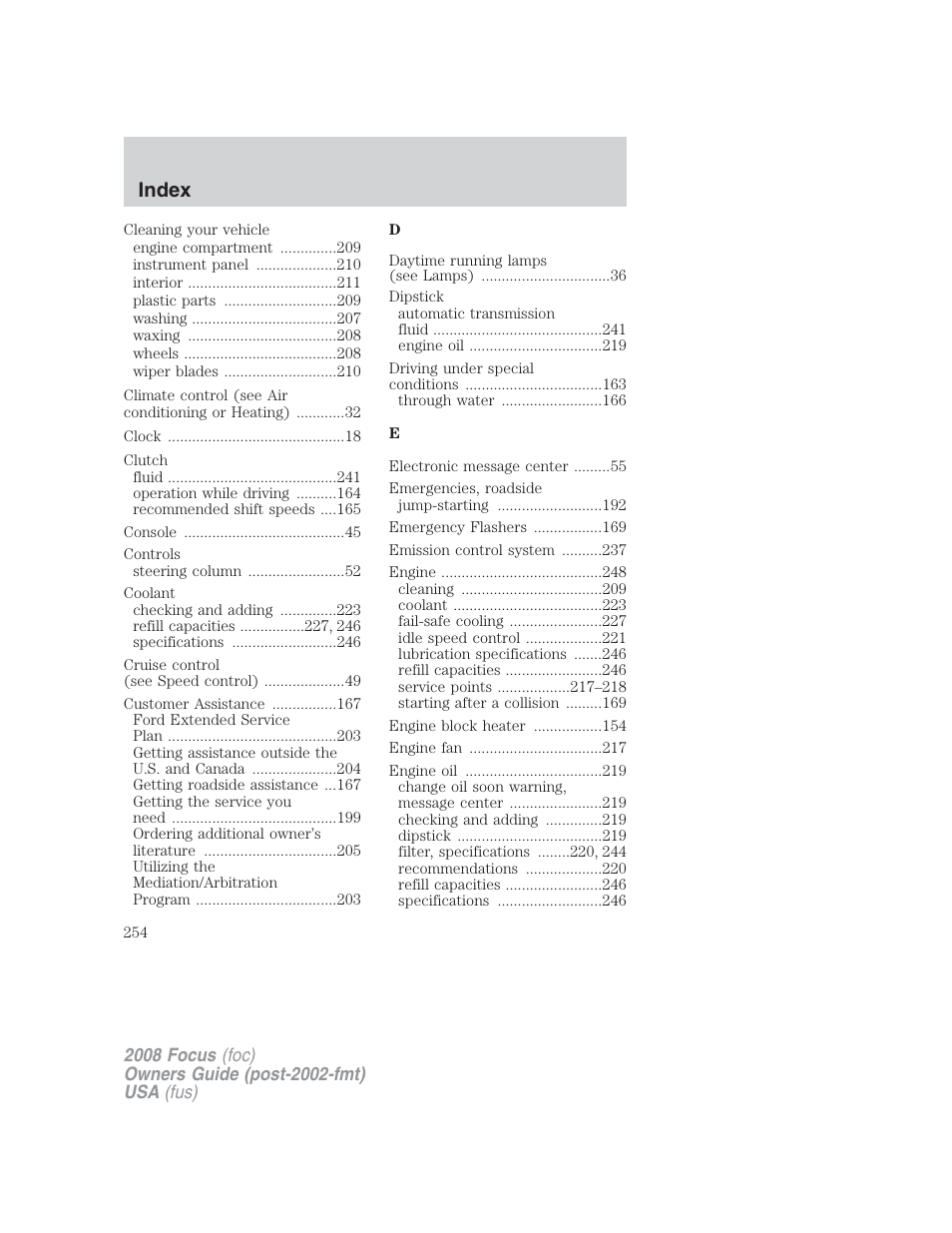 Index | FORD 2008 Focus v.2 User Manual | Page 254 / 264
