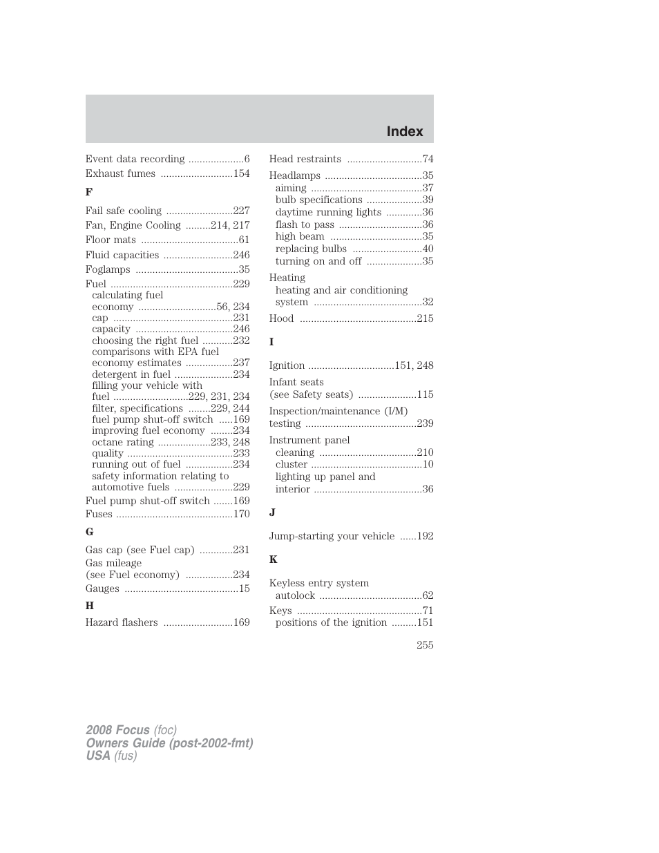 Index | FORD 2008 Focus v.2 User Manual | Page 255 / 264