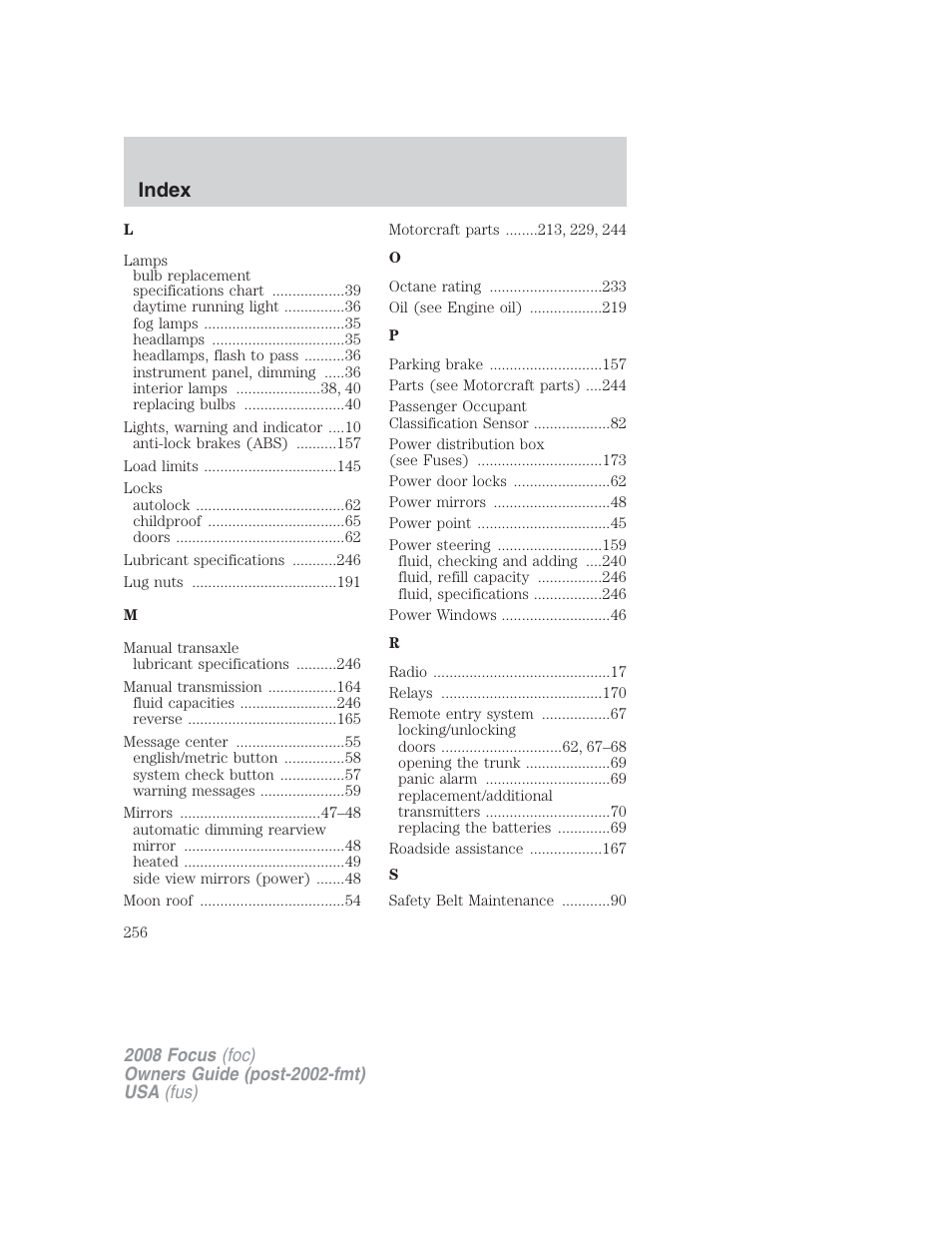 Index | FORD 2008 Focus v.2 User Manual | Page 256 / 264