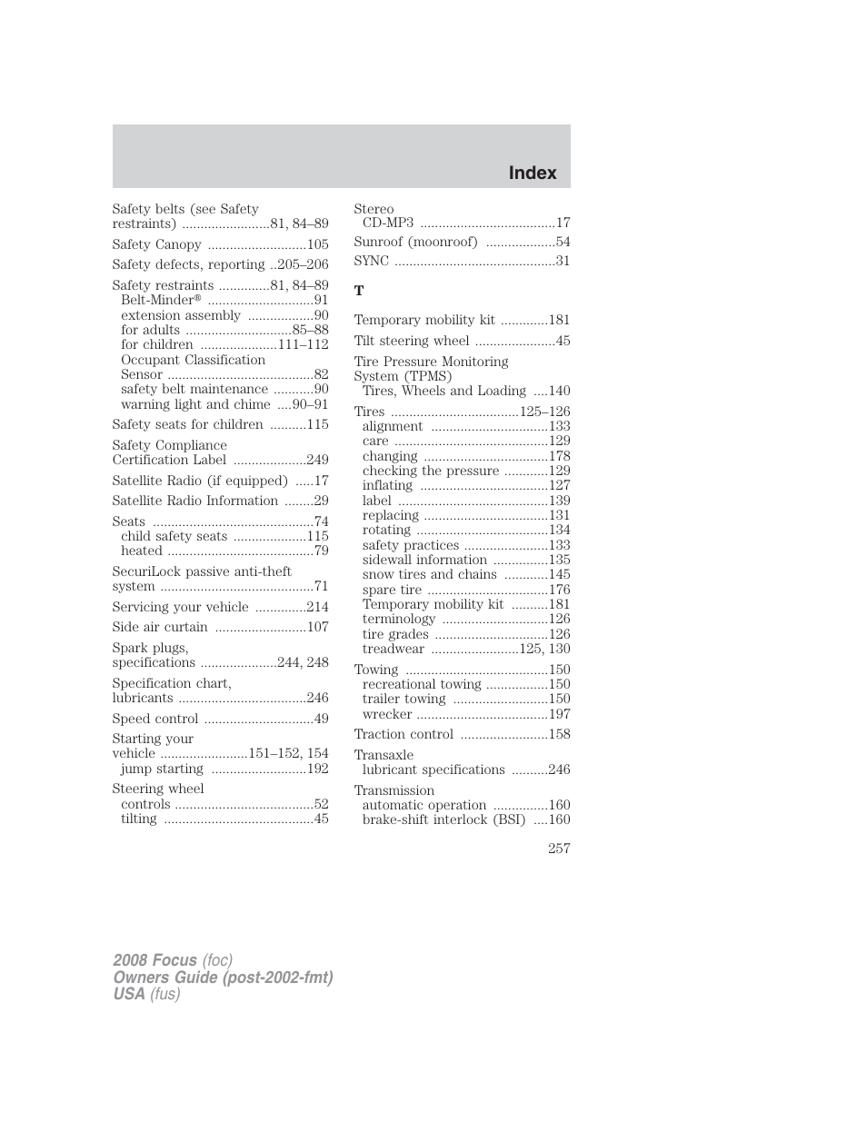 Index | FORD 2008 Focus v.2 User Manual | Page 257 / 264