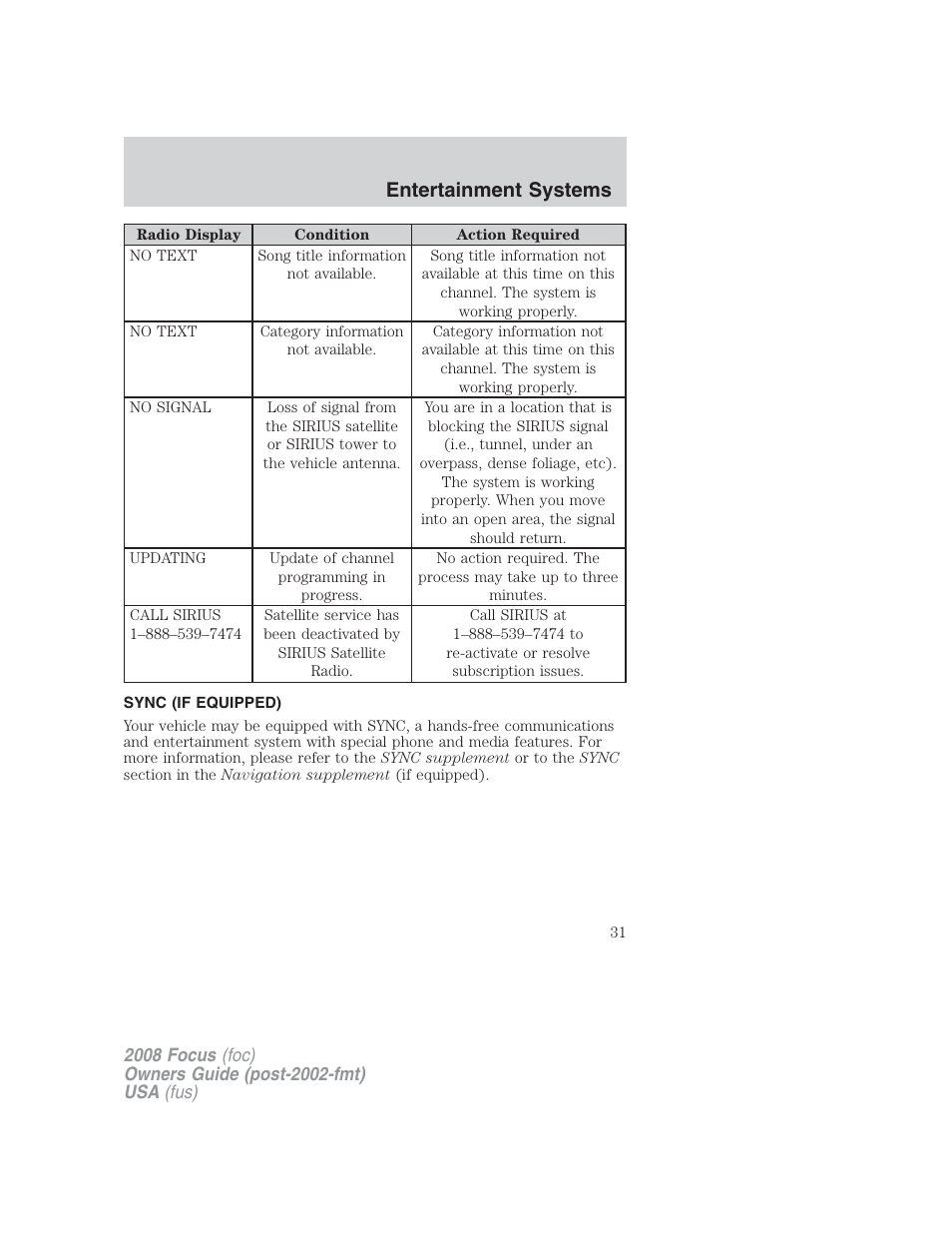 Sync (if equipped), Sync, Entertainment systems | FORD 2008 Focus v.2 User Manual | Page 31 / 264
