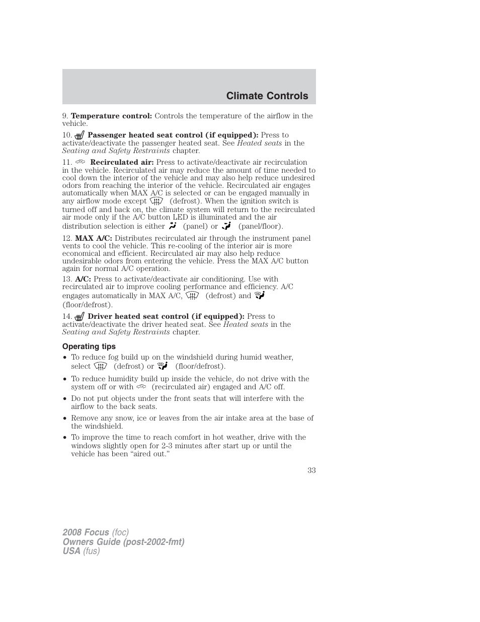 Operating tips, Climate controls | FORD 2008 Focus v.2 User Manual | Page 33 / 264