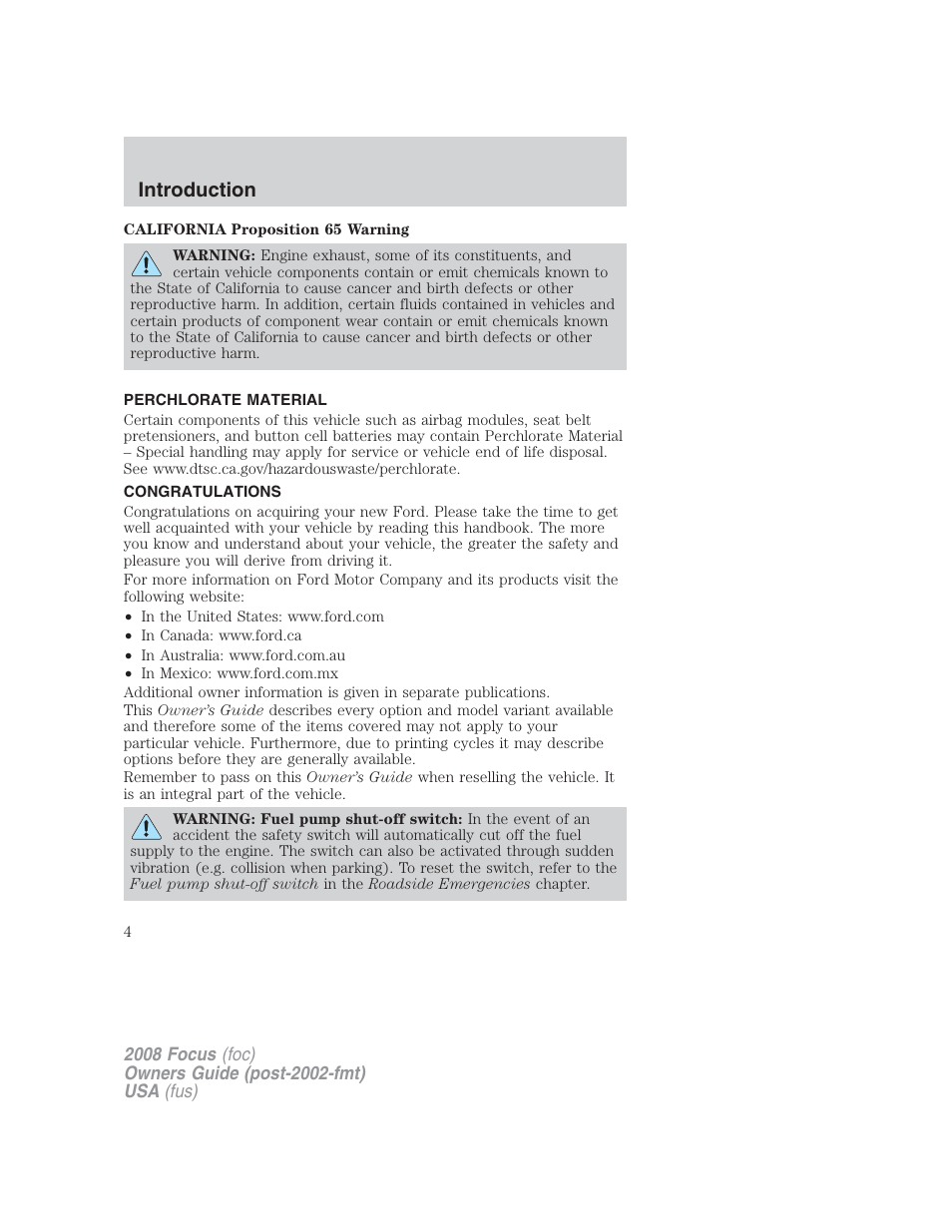 Introduction, Perchlorate material, Congratulations | FORD 2008 Focus v.2 User Manual | Page 4 / 264