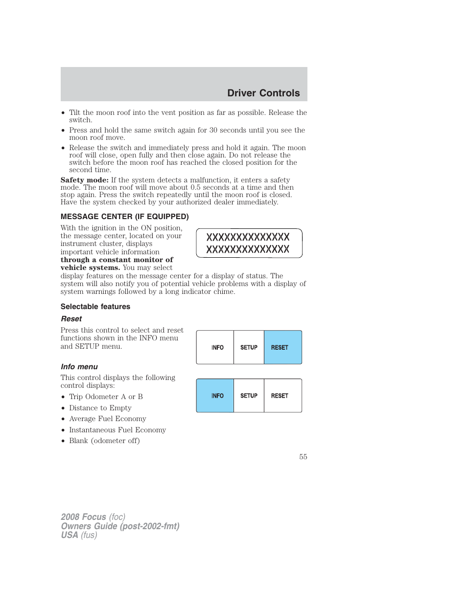 Message center (if equipped), Selectable features, Reset | Info menu, Message center, Driver controls | FORD 2008 Focus v.2 User Manual | Page 55 / 264