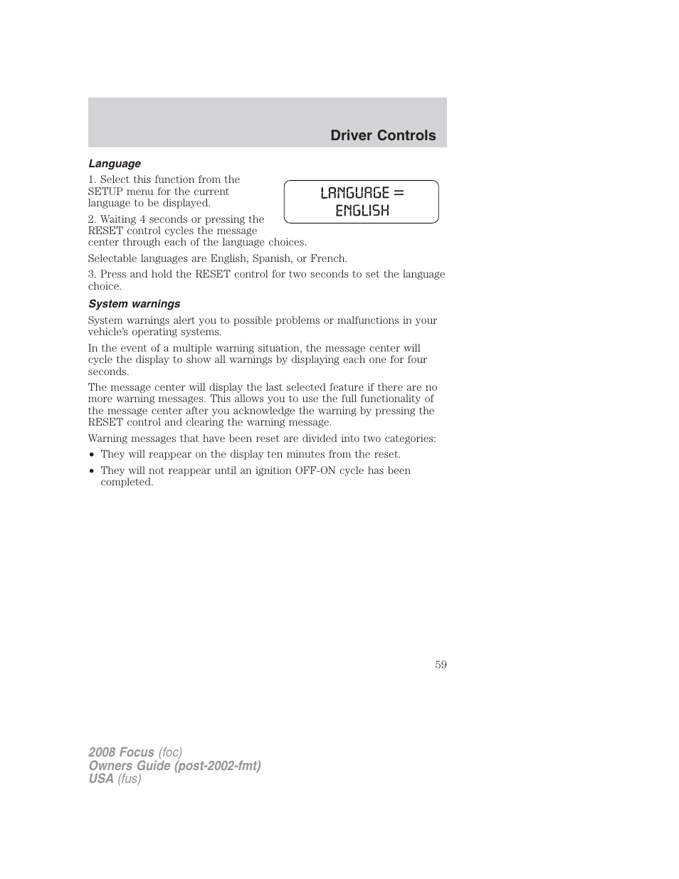 Language, System warnings, Driver controls | FORD 2008 Focus v.2 User Manual | Page 59 / 264