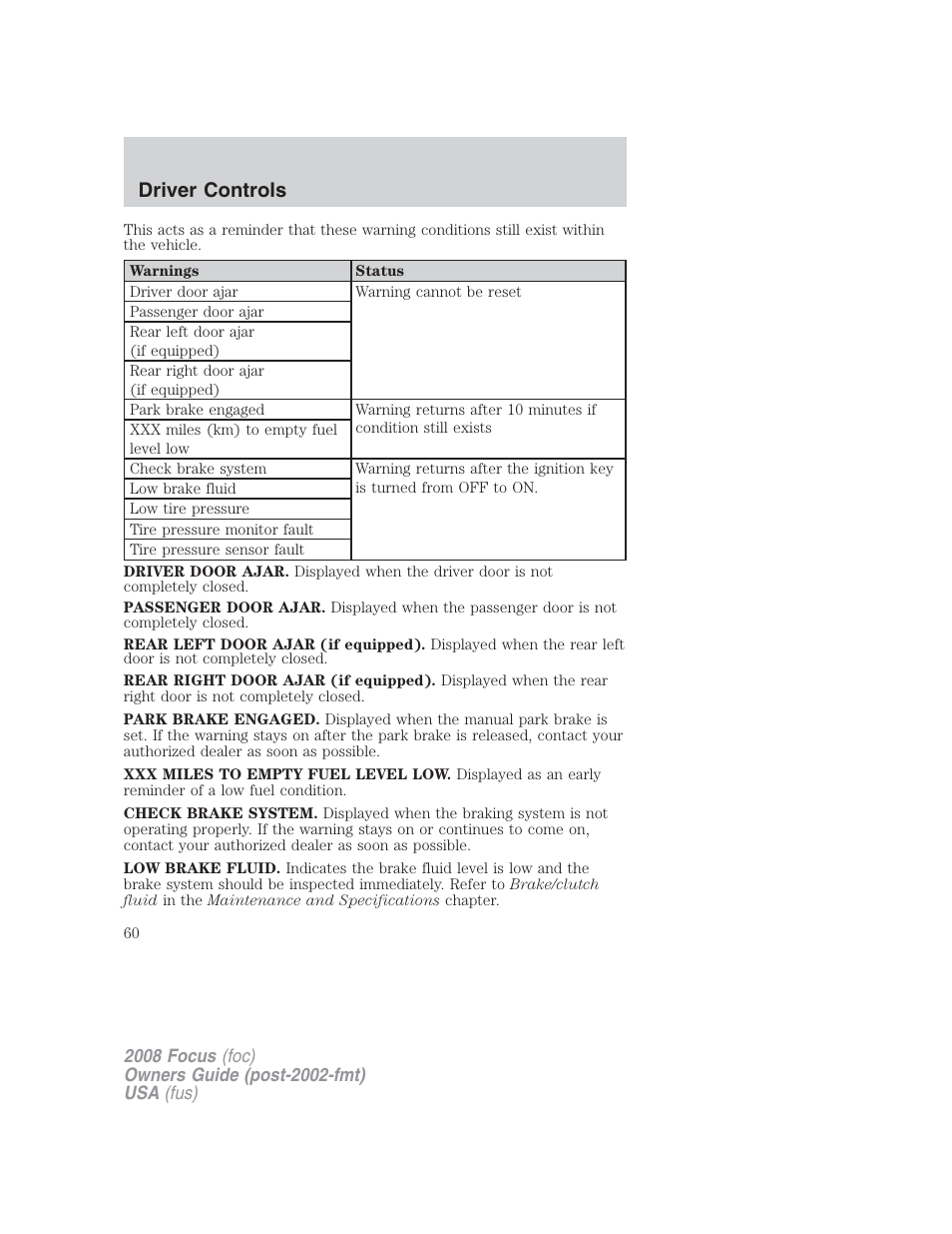 Driver controls | FORD 2008 Focus v.2 User Manual | Page 60 / 264