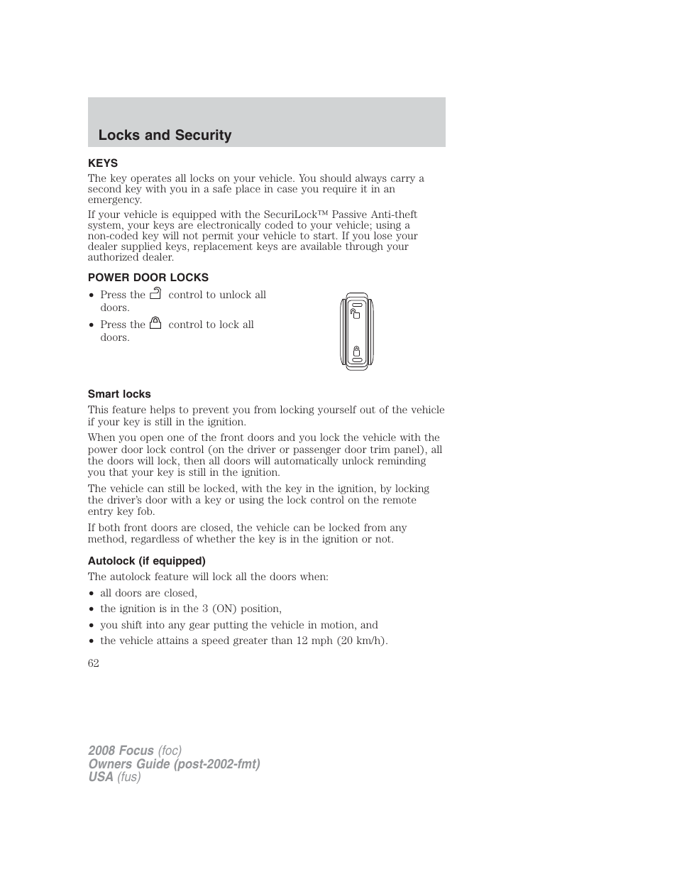 Locks and security, Keys, Power door locks | Smart locks, Autolock (if equipped), Locks | FORD 2008 Focus v.2 User Manual | Page 62 / 264