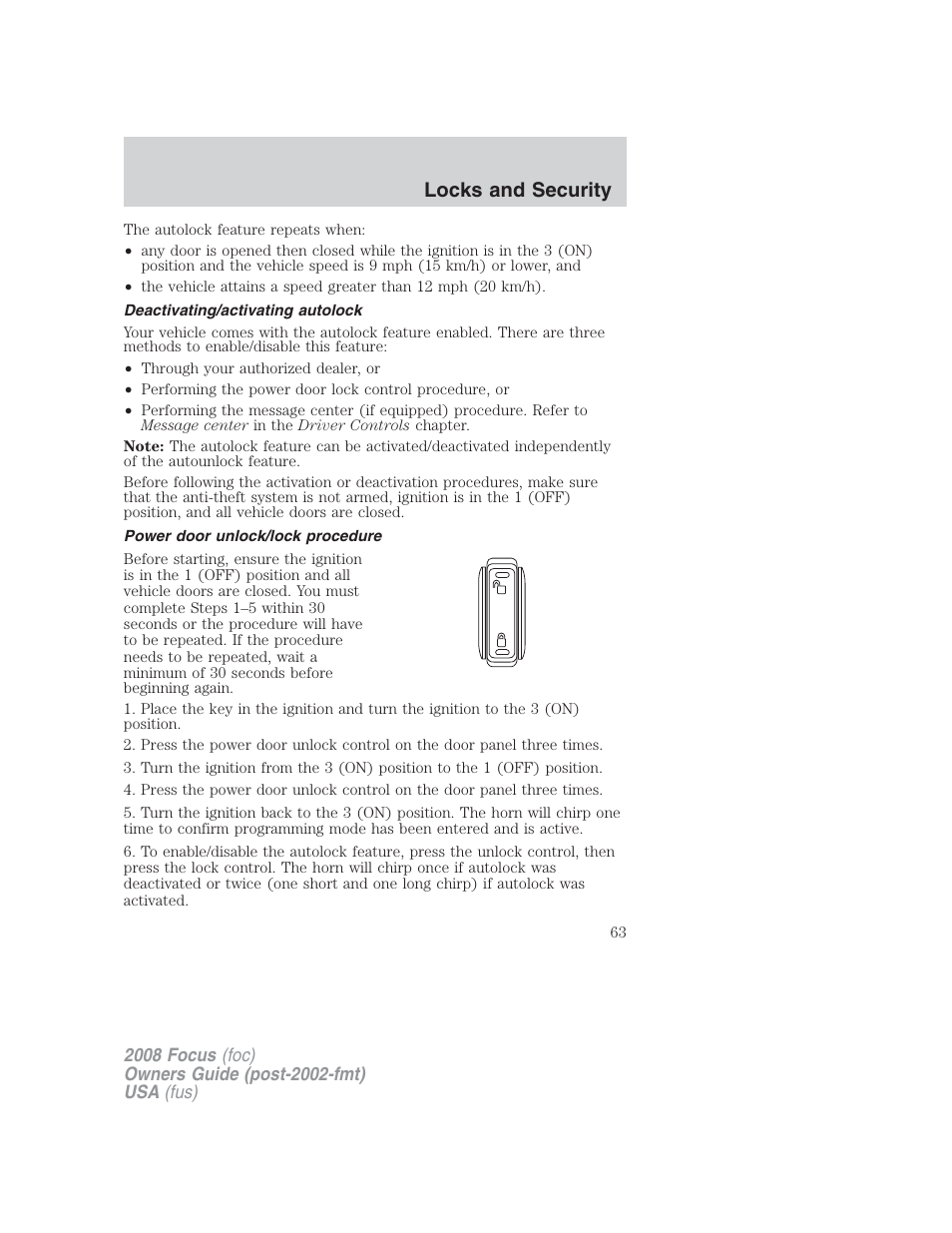 Deactivating/activating autolock, Power door unlock/lock procedure, Locks and security | FORD 2008 Focus v.2 User Manual | Page 63 / 264