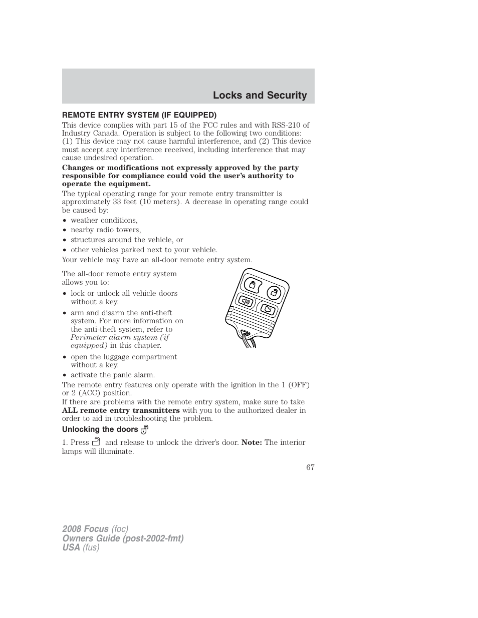 Remote entry system (if equipped), Unlocking the doors, Locks and security | FORD 2008 Focus v.2 User Manual | Page 67 / 264