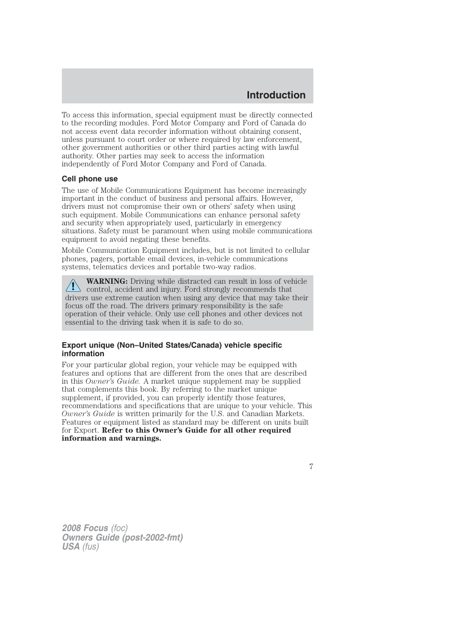 Cell phone use, Introduction | FORD 2008 Focus v.2 User Manual | Page 7 / 264