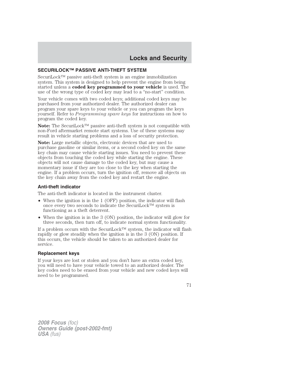 Securilock™ passive anti-theft system, Anti-theft indicator, Replacement keys | Anti-theft system, Locks and security | FORD 2008 Focus v.2 User Manual | Page 71 / 264