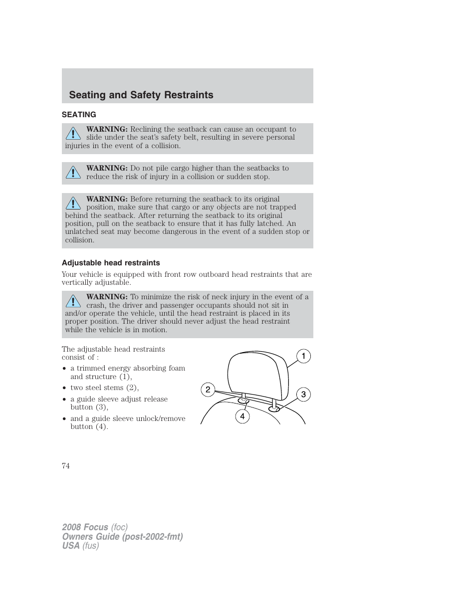 Seating and safety restraints, Seating, Adjustable head restraints | FORD 2008 Focus v.2 User Manual | Page 74 / 264