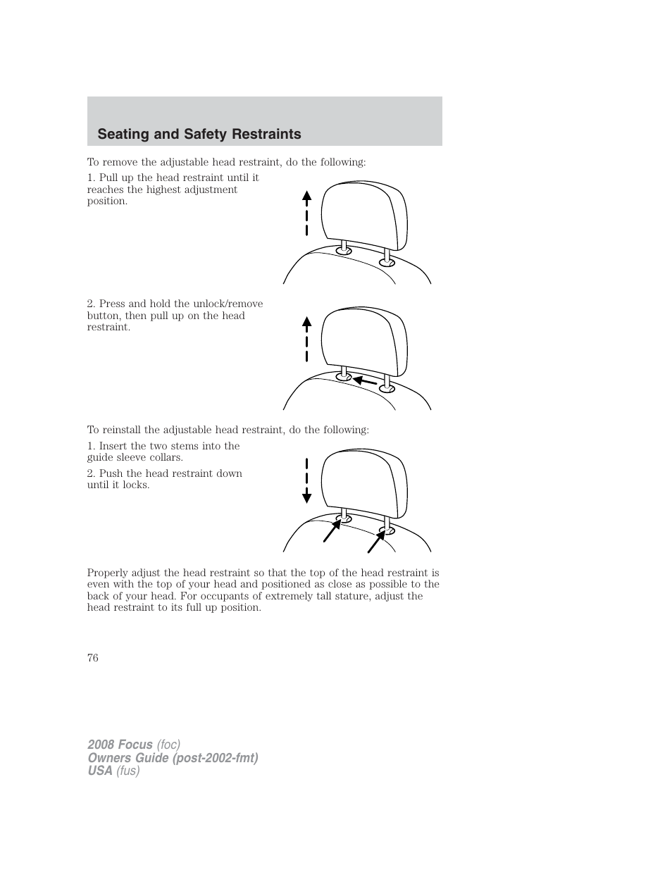 Seating and safety restraints | FORD 2008 Focus v.2 User Manual | Page 76 / 264