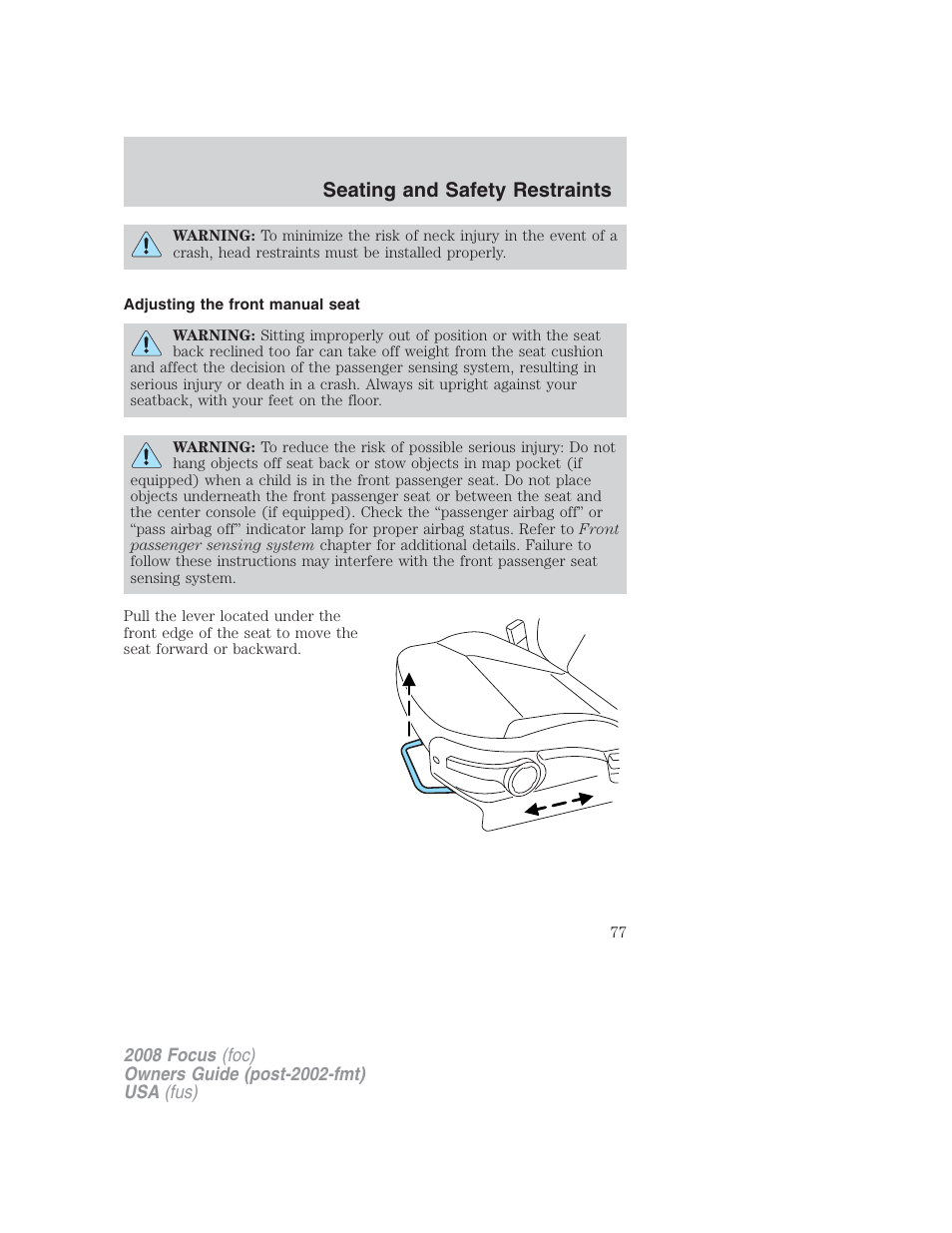 Adjusting the front manual seat, Seating and safety restraints | FORD 2008 Focus v.2 User Manual | Page 77 / 264