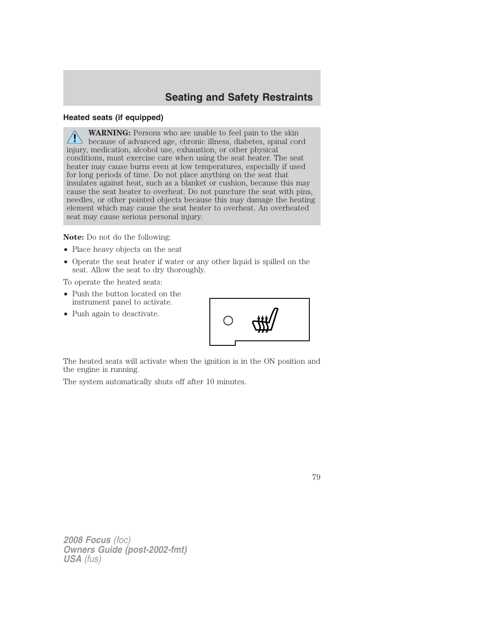 Heated seats (if equipped), Seating and safety restraints | FORD 2008 Focus v.2 User Manual | Page 79 / 264