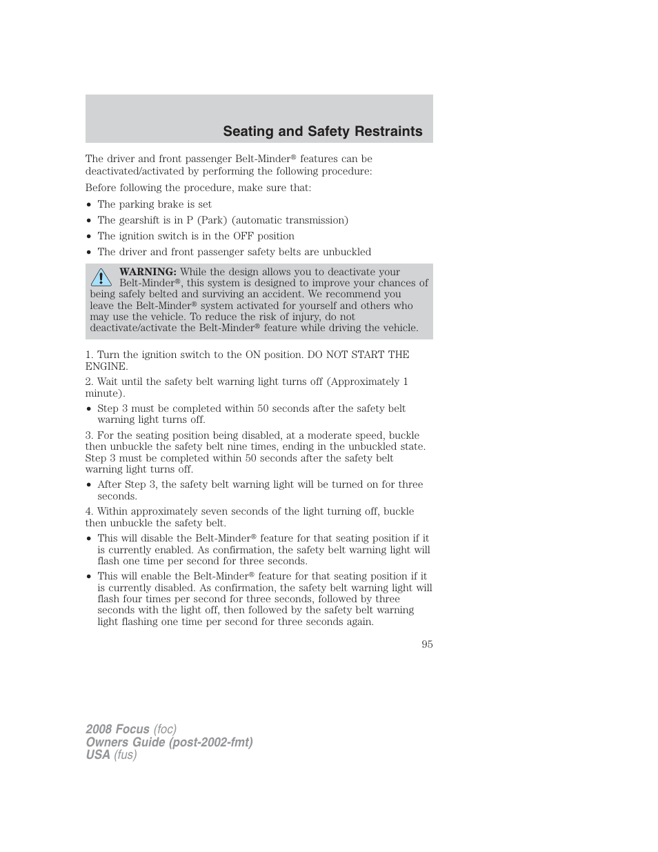 Seating and safety restraints | FORD 2008 Focus v.2 User Manual | Page 95 / 264