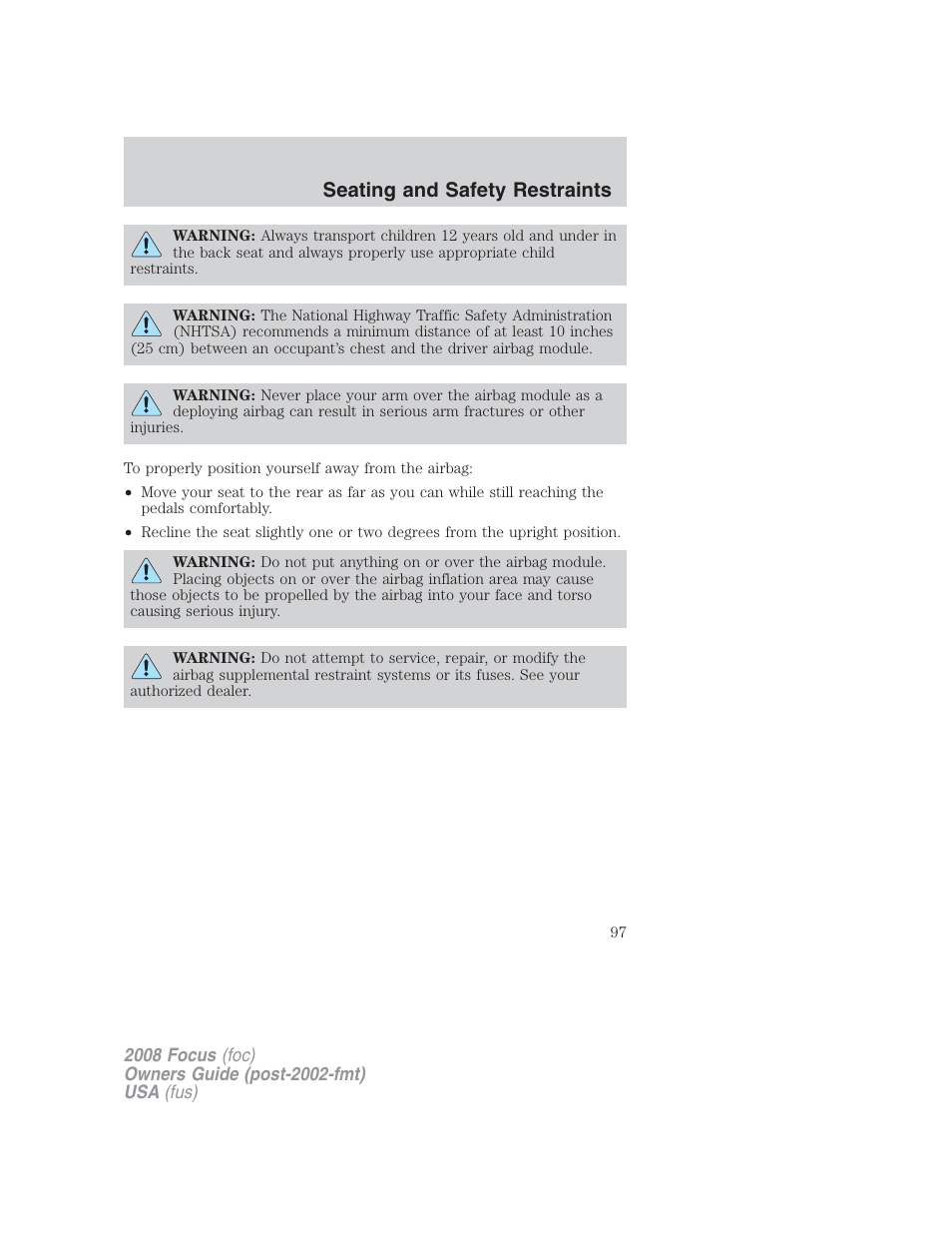 Seating and safety restraints | FORD 2008 Focus v.2 User Manual | Page 97 / 264