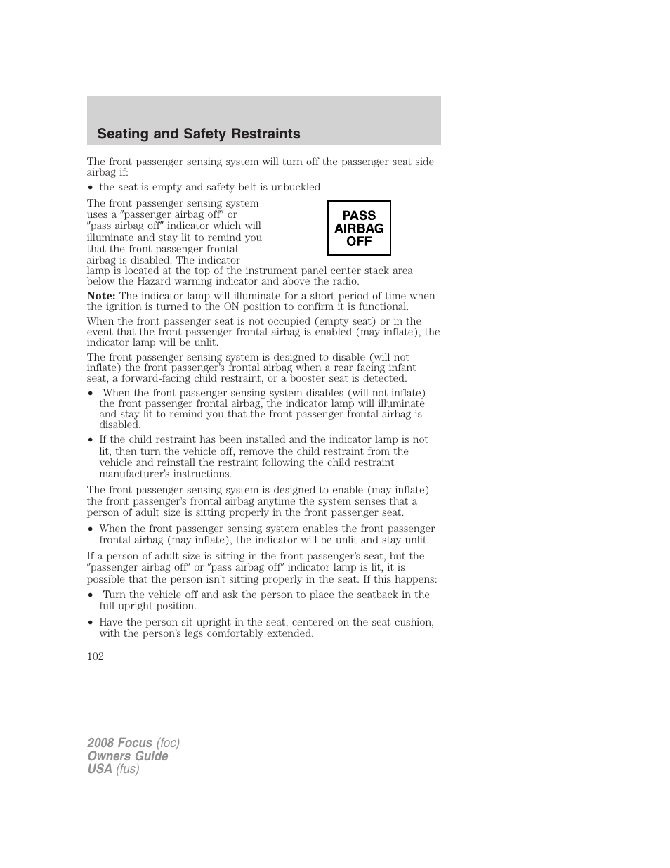 Seating and safety restraints | FORD 2008 Focus v.3 User Manual | Page 102 / 258