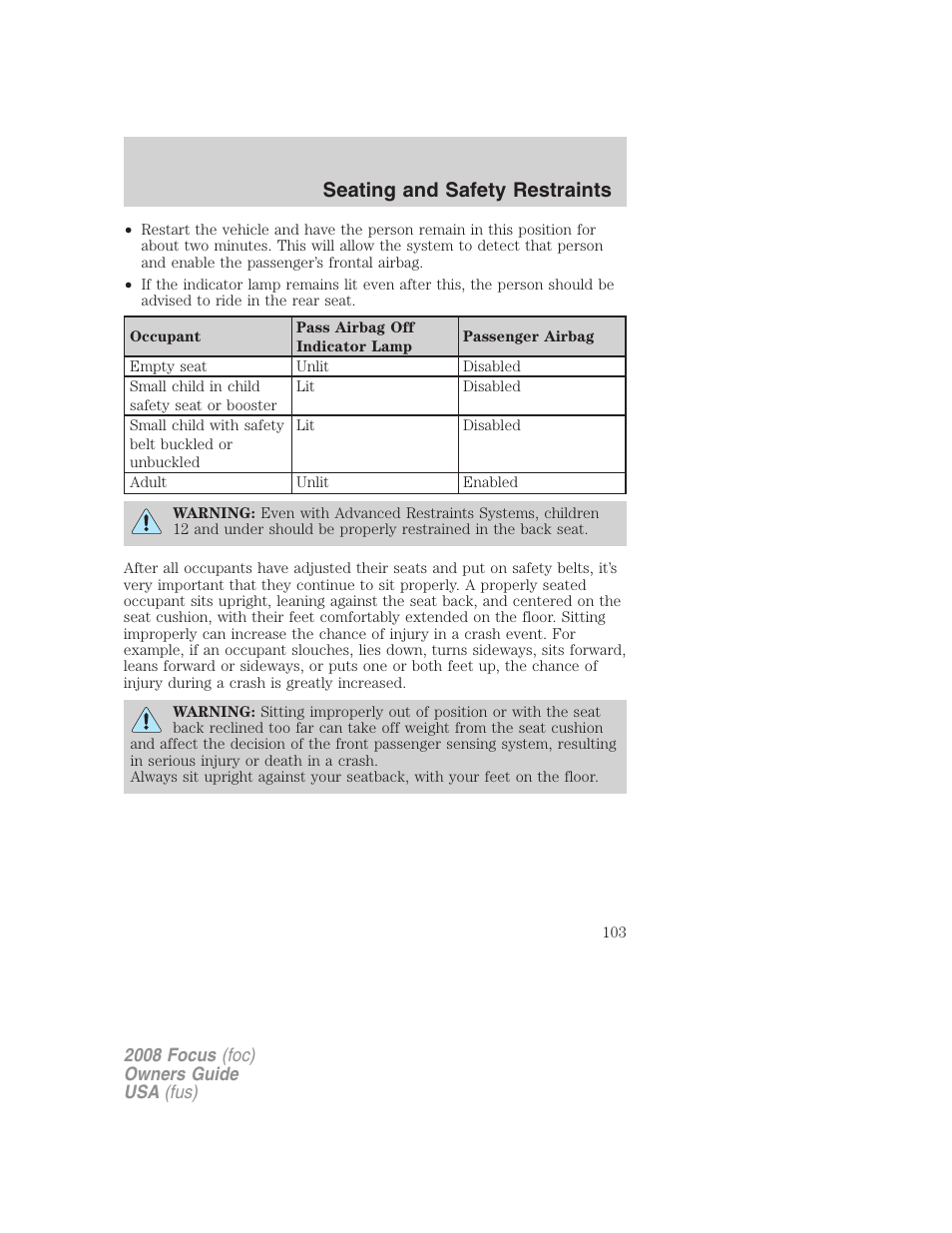 Seating and safety restraints | FORD 2008 Focus v.3 User Manual | Page 103 / 258